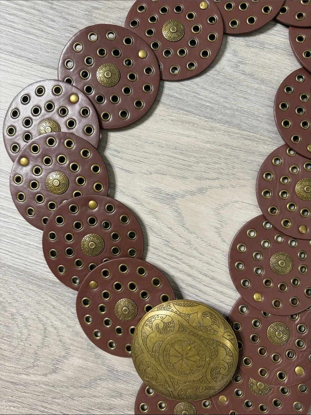 Round Disc Brown Leather Statement Belt with Ornate Gold-Tone Buckle